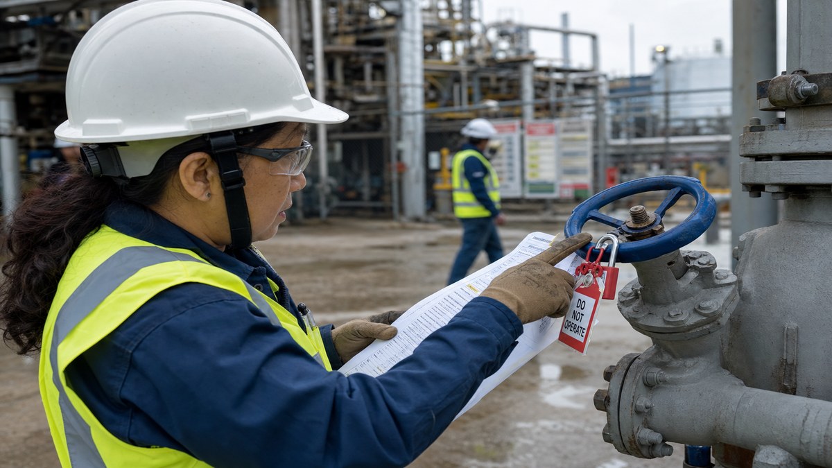 Female safety auditor in PPE physically verifying a Lock-Out/Tag-Out padlock and DO NOT OPERATE tag against a paper permit at a refinery isolation point