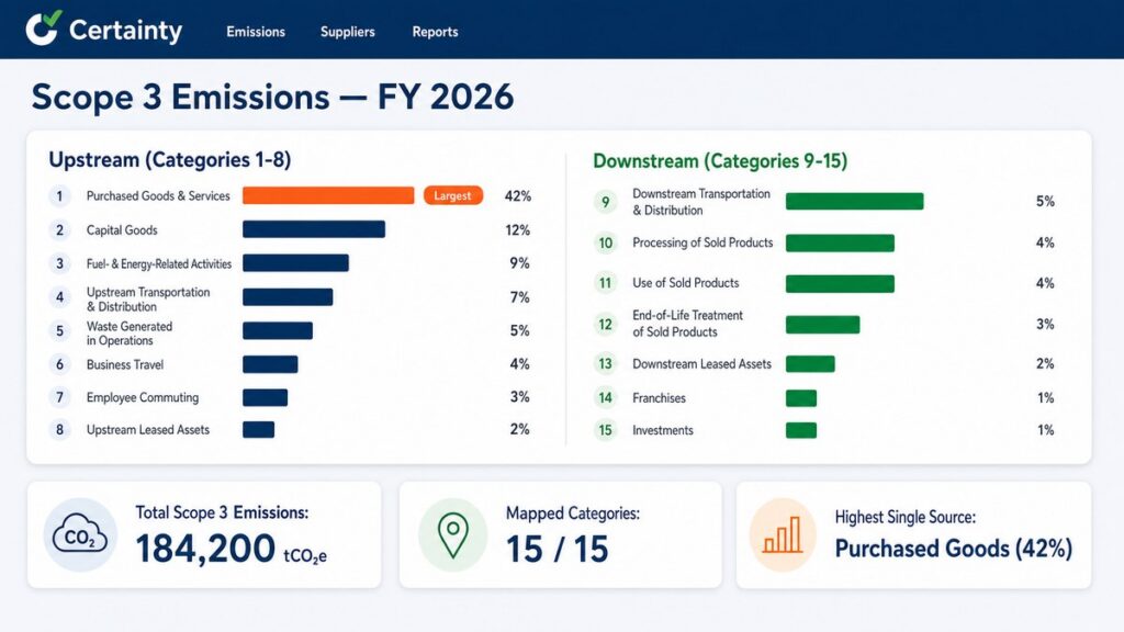 Certainty Software Scope 3 emissions dashboard for FY 2026 showing all 15 categories grouped into upstream and downstream with Purchased Goods & Services flagged as the largest single source at 42 percent