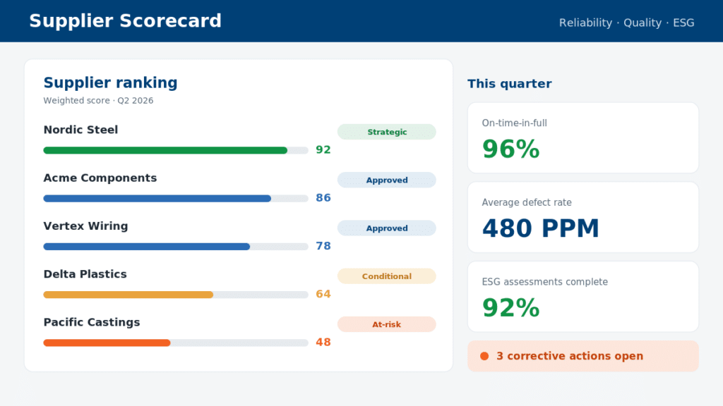 Supplier scorecard dashboard ranking suppliers by weighted score with quality, delivery and ESG KPIs and open corrective actions