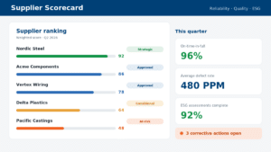 Supplier scorecard dashboard ranking suppliers by weighted score with quality, delivery and ESG KPIs and open corrective actions