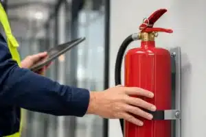 Safety inspector checking a wall-mounted red fire extinguisher during a workplace fire extinguisher inspection