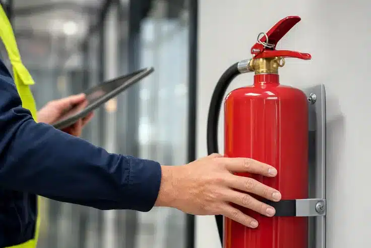 Safety inspector checking a wall-mounted red fire extinguisher during a workplace fire extinguisher inspection