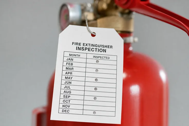 Monthly fire extinguisher inspection tag showing punched month boxes attached to a red extinguisher