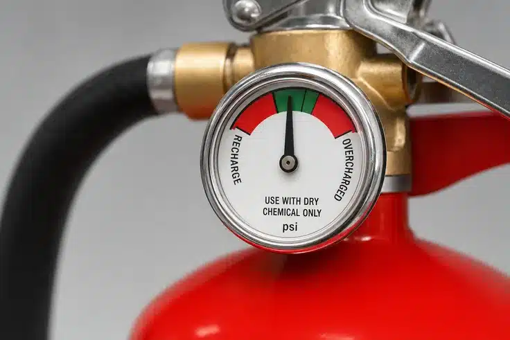 Close-up of a fire extinguisher pressure gauge with the needle in the green operable range