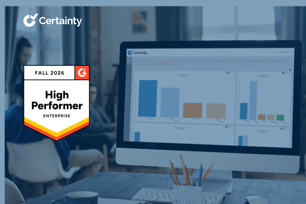 G2 Fall 2026 High Performer Enterprise badge alongside the Certainty inspection analytics dashboard