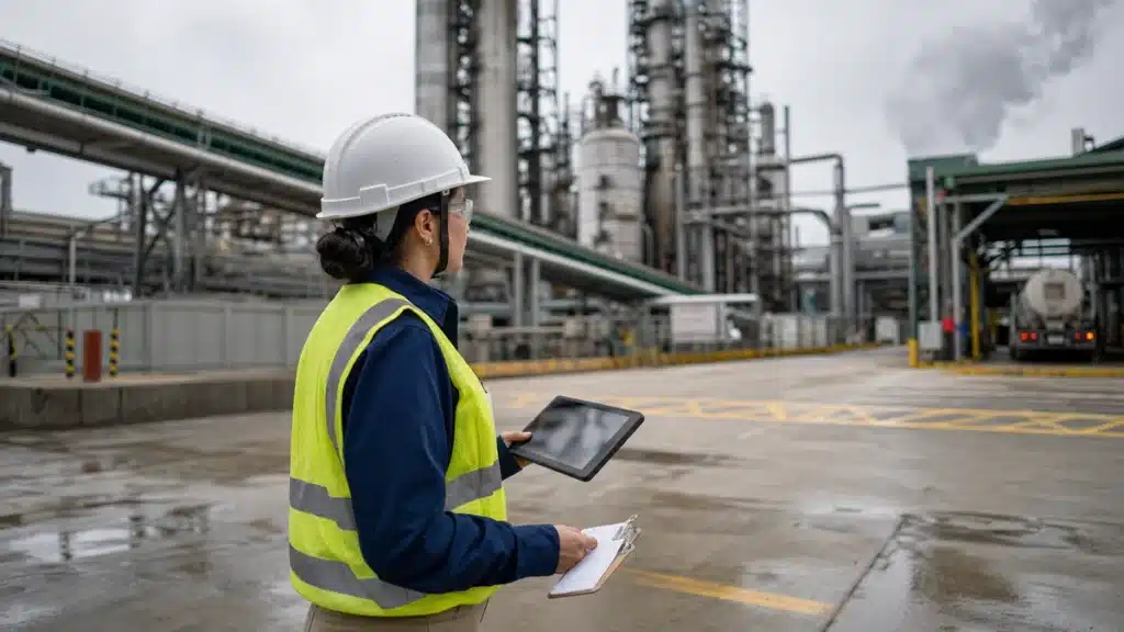 Responsible-minerals auditor in white hard hat, safety glasses and hi-vis vest inspecting a mineral refinery facility with distillation columns, exposed piping and a tanker truck