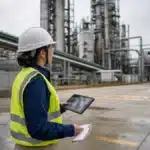 Responsible-minerals auditor in white hard hat, safety glasses and hi-vis vest inspecting a mineral refinery facility with distillation columns, exposed piping and a tanker truck