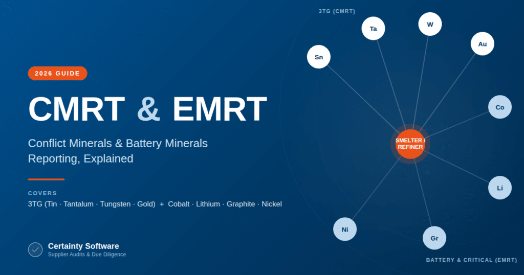 CMRT and EMRT diagram: 3TG and battery minerals (cobalt, lithium, graphite, nickel) linked to a smelter or refiner