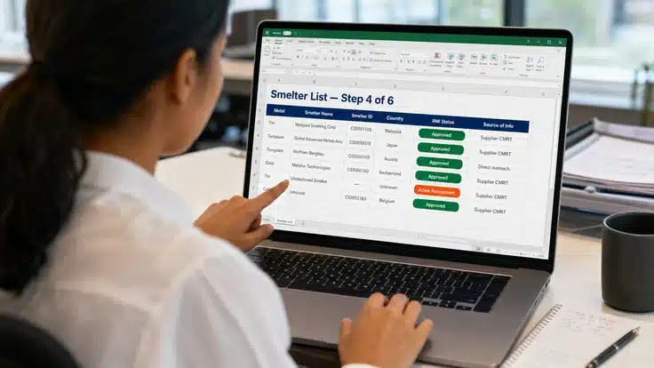Supply-chain compliance analyst reviewing the smelter list step of a Conflict Minerals Reporting Template on a laptop, with green Approved and orange Active Assessment RMI status pills visible