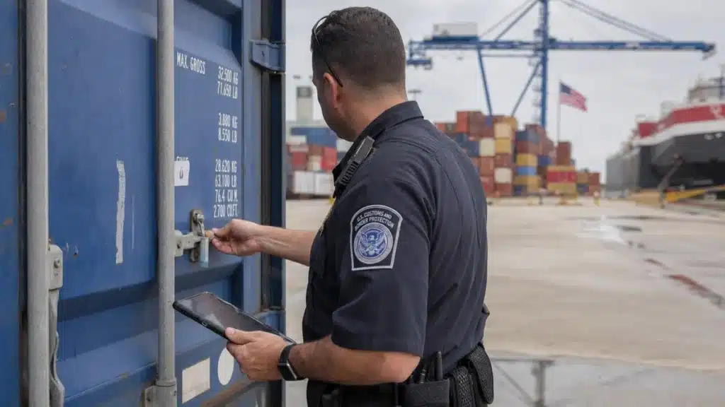 U.S. Customs and Border Protection officer inspecting an ISO 17712 high-security bolt seal on a shipping container at a U.S. port of entry, with stacked containers, a gantry crane, and a container ship in the background