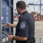 U.S. Customs and Border Protection officer inspecting an ISO 17712 high-security bolt seal on a shipping container at a U.S. port of entry, with stacked containers, a gantry crane, and a container ship in the background