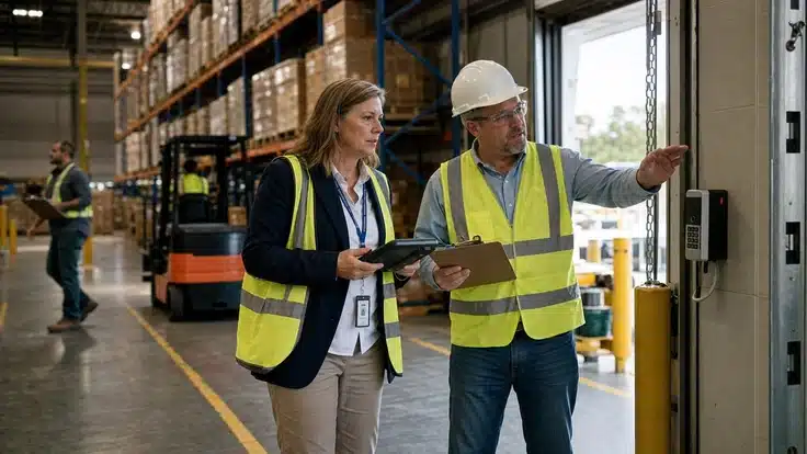 CBP Supply Chain Security Specialist walking a facility manager through a physical access-control point at a warehouse loading dock during a C-TPAT on-site validation