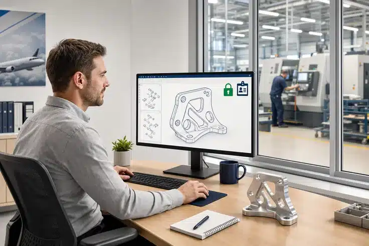 Engineer reviewing controlled technical drawings on a secure workstation with access badge visible — illustrating the deemed export risk in defense supply chains