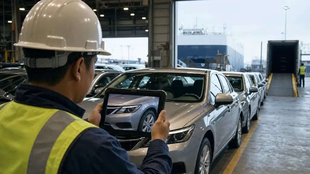Logistics inspector in hard hat and hi-vis vest photographing the front of a new sedan with a rugged tablet on a vehicle export loading bay, ro-ro vessel and shipping trailer visible in the background.
