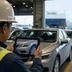 Logistics inspector in hard hat and hi-vis vest photographing the front of a new sedan with a rugged tablet on a vehicle export loading bay, ro-ro vessel and shipping trailer visible in the background.