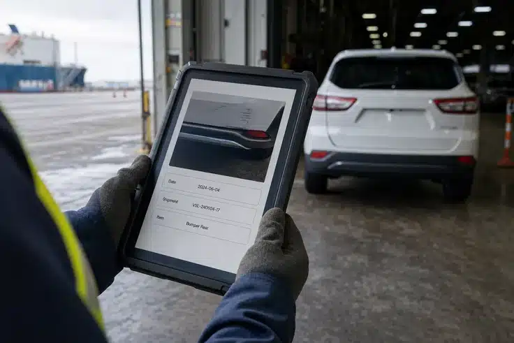 Gloved hands holding a rugged tablet on a loading bay, showing an inspection record with a photograph of a scuffed rear bumper attached and shipment fields populated, a white SUV visible in the background.